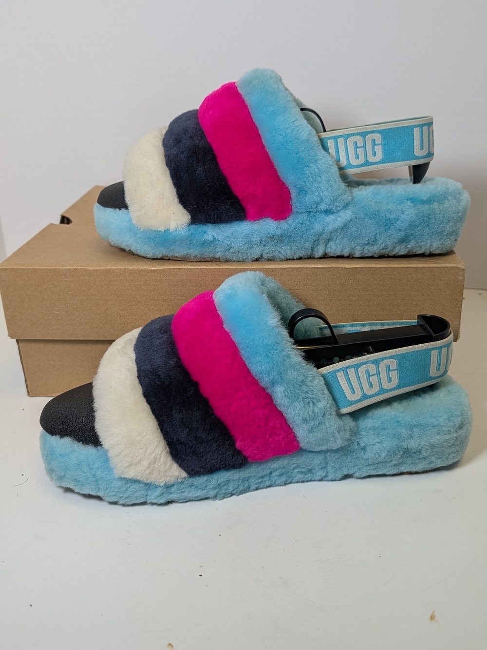 UGG Blue Pink Black Cream Multi-Stripe Fluff Slide Sandals